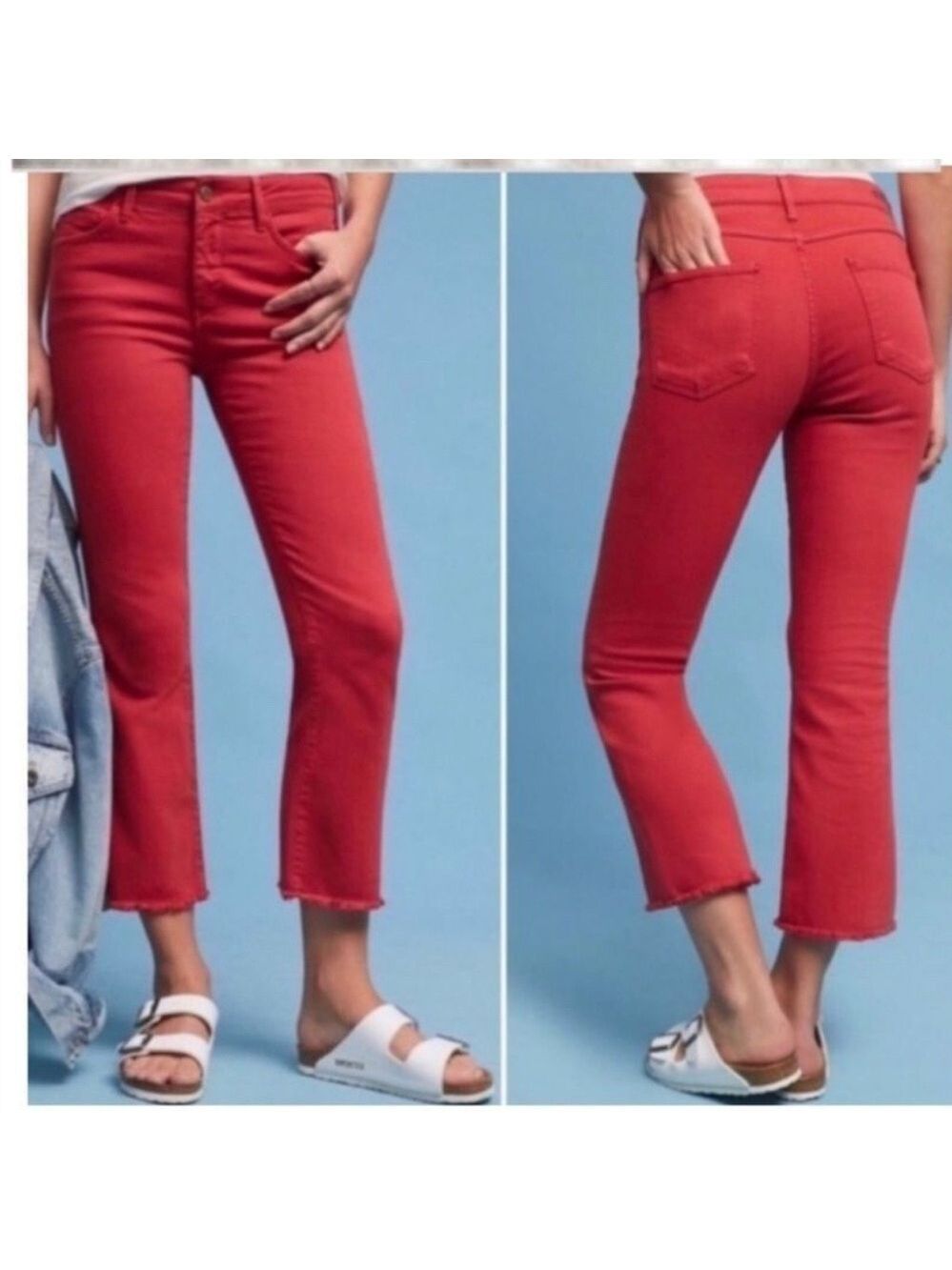 Anthropologie Pilcro and the Letterpress Coral Red Script Faded Crop Raw Hem 30
